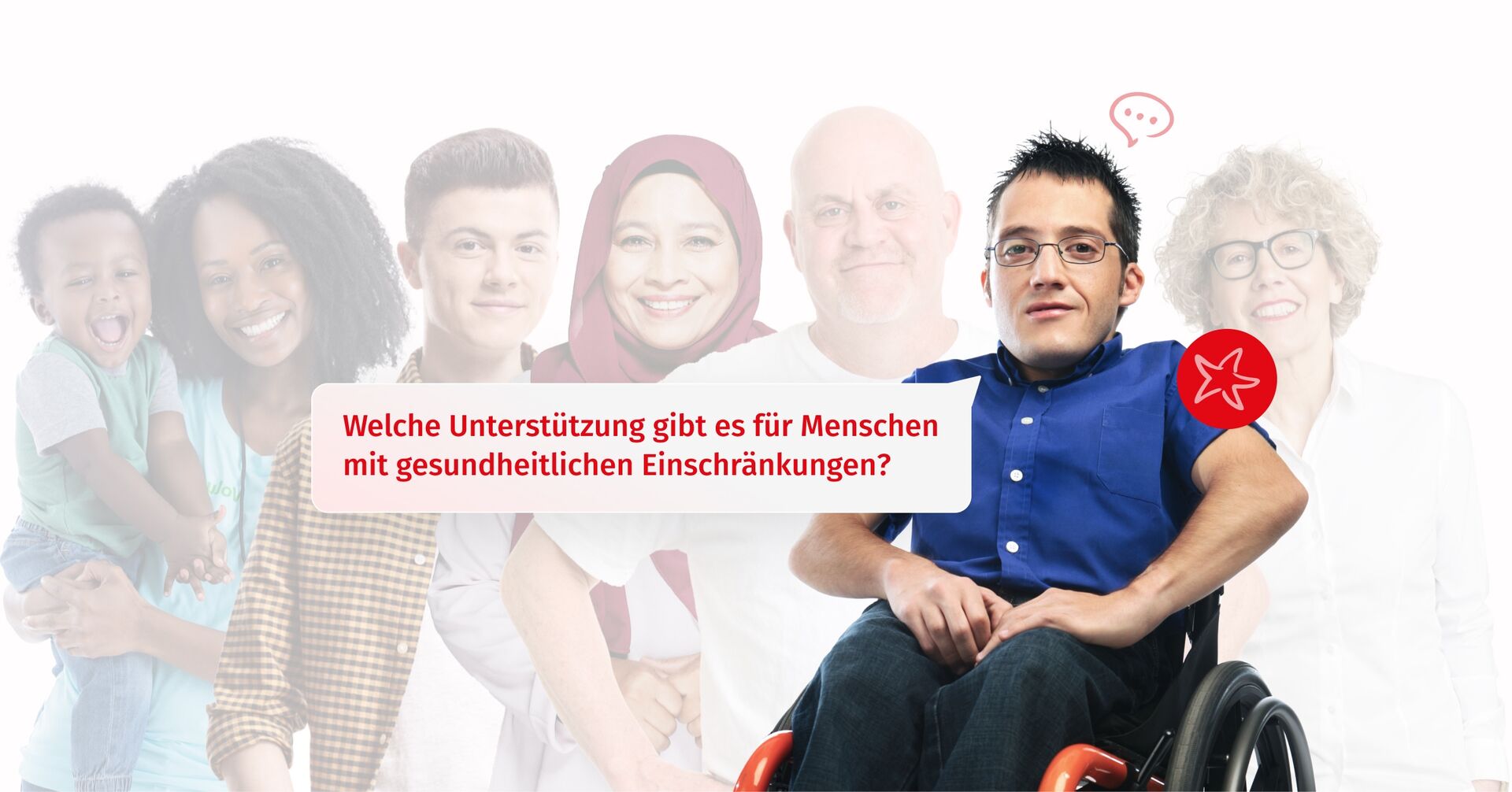 Eine diverse Zielgruppe von Menschen die vom Jobcenter Bremen unterstützt werden. Ein Mann im Rollstuhl, der stellvertretend für die Zielgruppe der gesundheitlich eingeschränkten steht, ist optisch hervorgehoben.