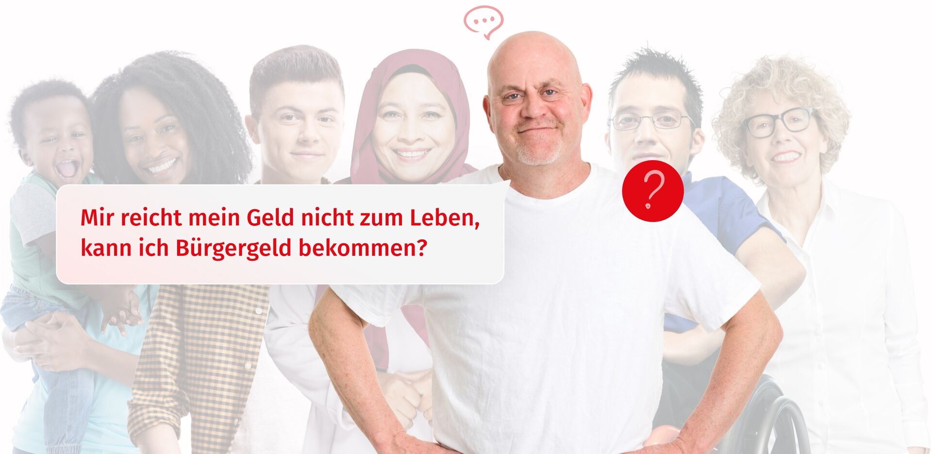 Eine diverse Zielgruppe von Menschen die vom Jobcenter Bremen unterstützt werden. Ein Mann, der stellvertretend für die Zielgruppe der Arbeitslosen steht, ist optisch hervorgehoben.