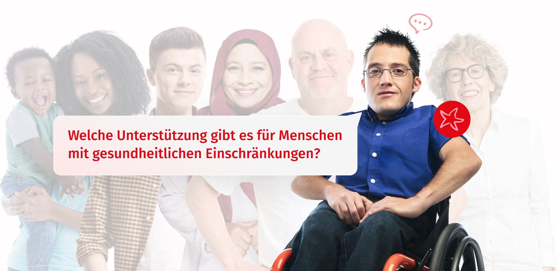 Eine diverse Zielgruppe von Menschen die vom Jobcenter Bremen unterstützt werden. Ein Mann im Rollstuhl, der stellvertretend für die Zielgruppe der gesundheitlich eingeschränkten steht, ist optisch hervorgehoben.