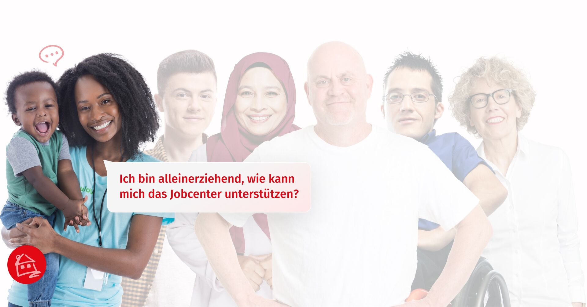 Eine diverse Zielgruppe von Menschen die vom Jobcenter Bremen unterstützt werden. Eine Frau mit Kind, die stellvertretend für die Zielgruppe der Alleinerziehenden steht, ist optisch hervorgehoben.