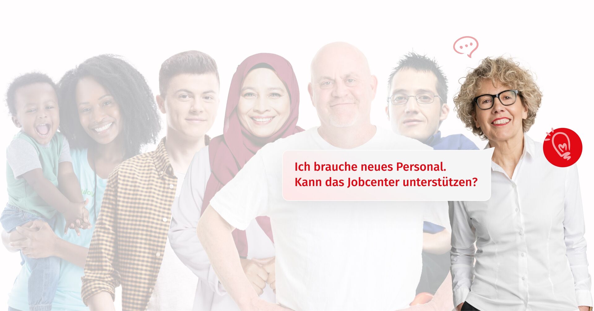 Eine diverse Zielgruppe von Menschen die vom Jobcenter Bremen unterstützt werden. Eine Frau, die stellvertretend für die Zielgruppe der Arbeitgeber*innen steht, ist optisch hervorgehoben.