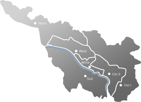 Karte von Bremen mit Bereichen für die Geschäftsstellen